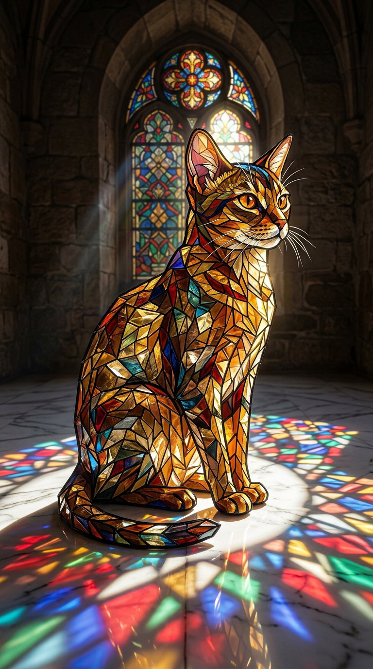 A cat made of stained glass sitting on a stone floor, illuminated by colorful light shining through a stained glass window.