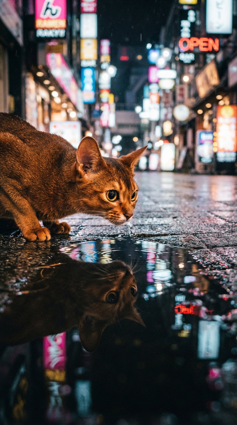 An orange cat in a city at night, gazing at its reflection in a puddle on the wet street, surrounded by colorful neon signs.