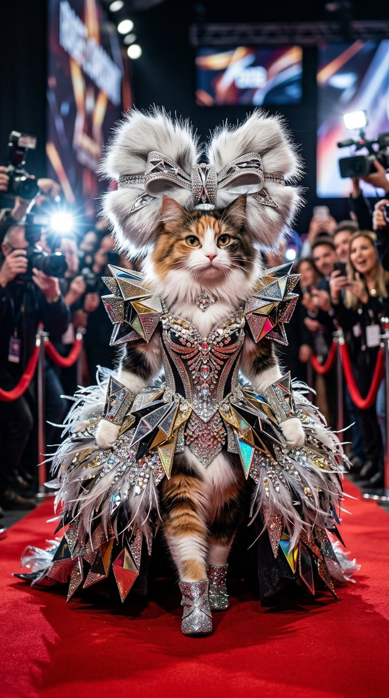 A cat in an elaborate costume resembling high fashion, with dazzling embellishments, parading on a red carpet surrounded by photographers and an audience.