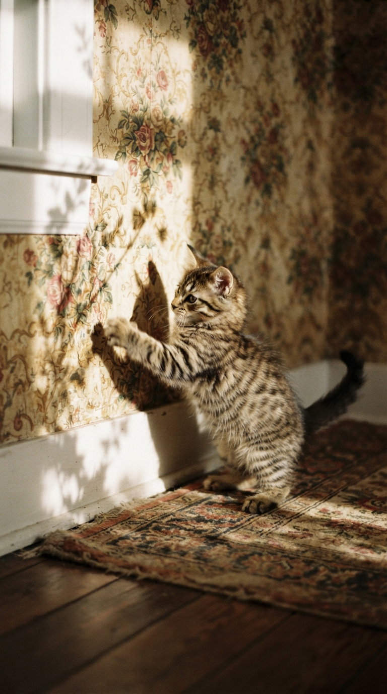 A playful kitten reaching towards a shadow on a floral wallpaper, with warm light illuminating the scene.