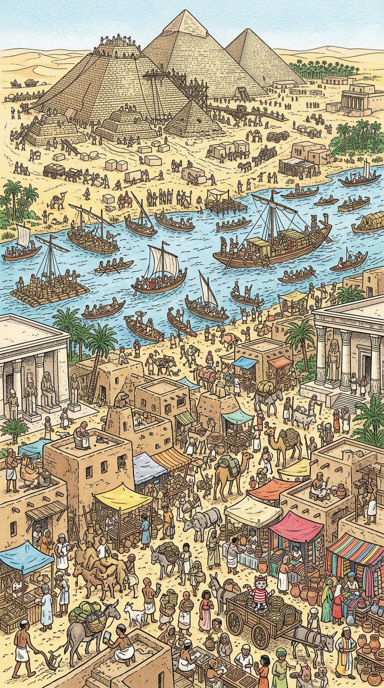 A detailed depiction of an ancient Egyptian landscape featuring pyramids, a river with boats, and a bustling market with people, animals, and stalls.