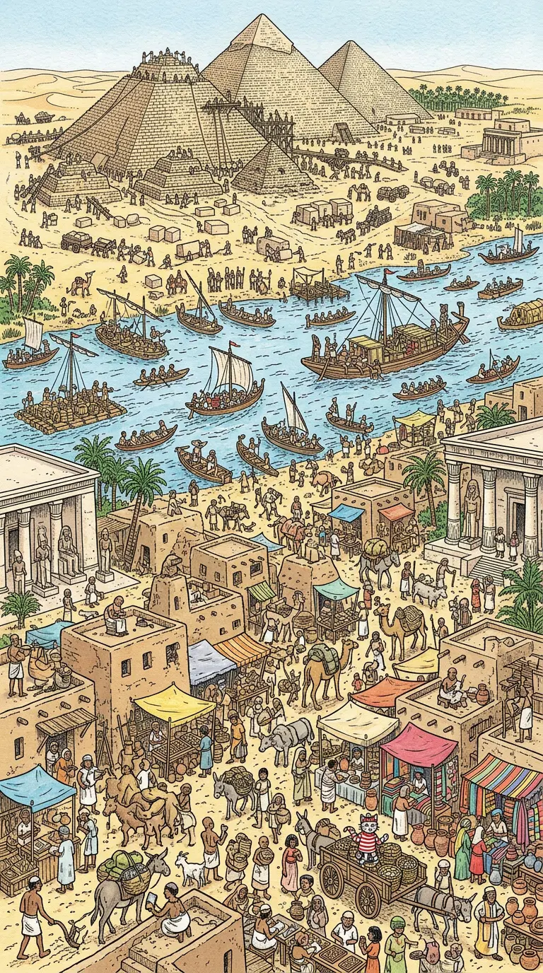 Ancient Egyptian Scene with Pyramids and Active Marketplace