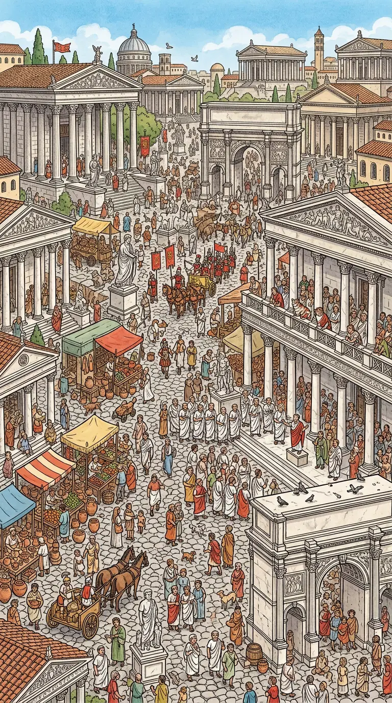 A bustling ancient marketplace scene filled with vendors and citizens