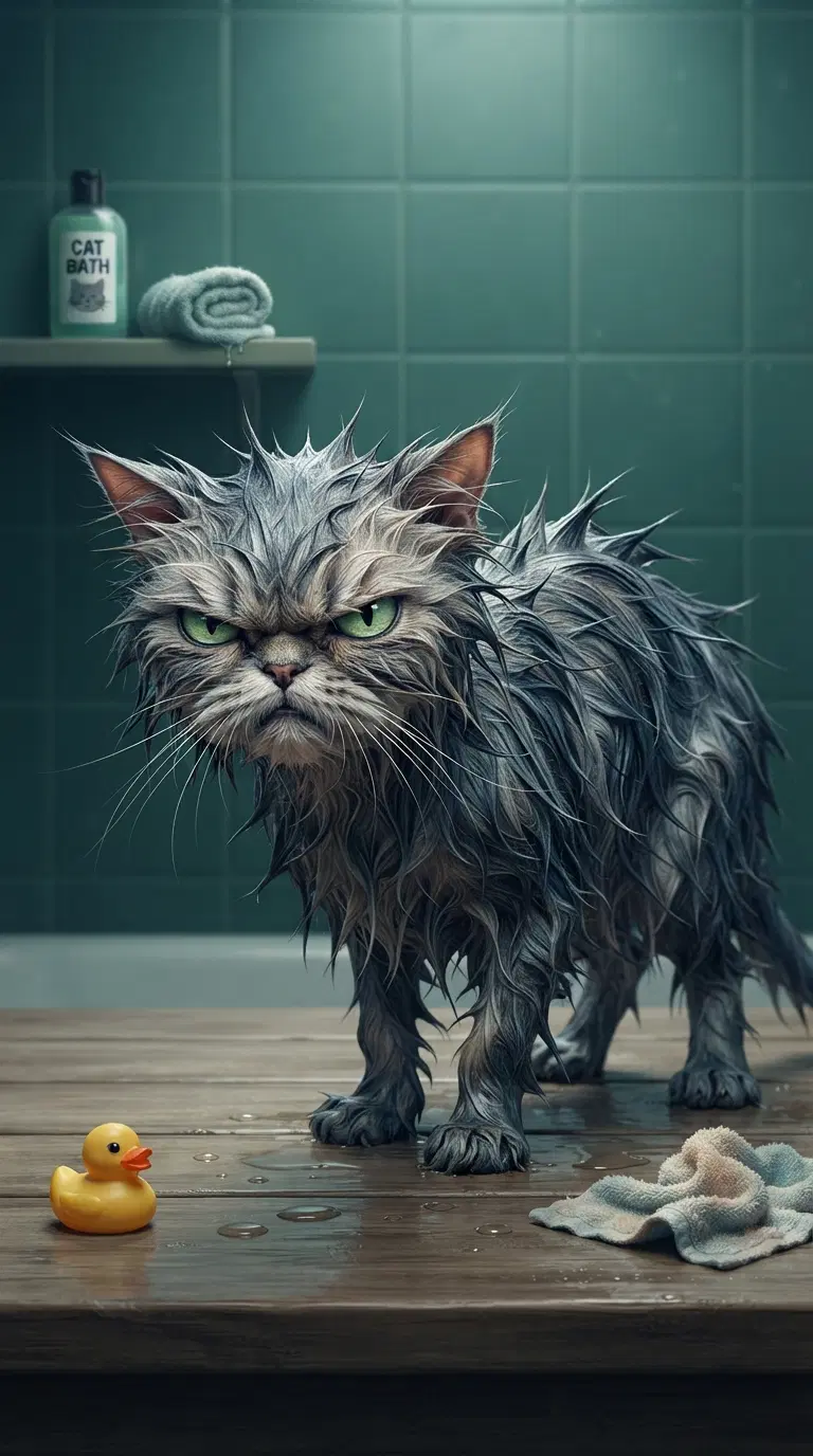 A Surreal Cat Illustration Featuring a Wet and Grumpy Feline