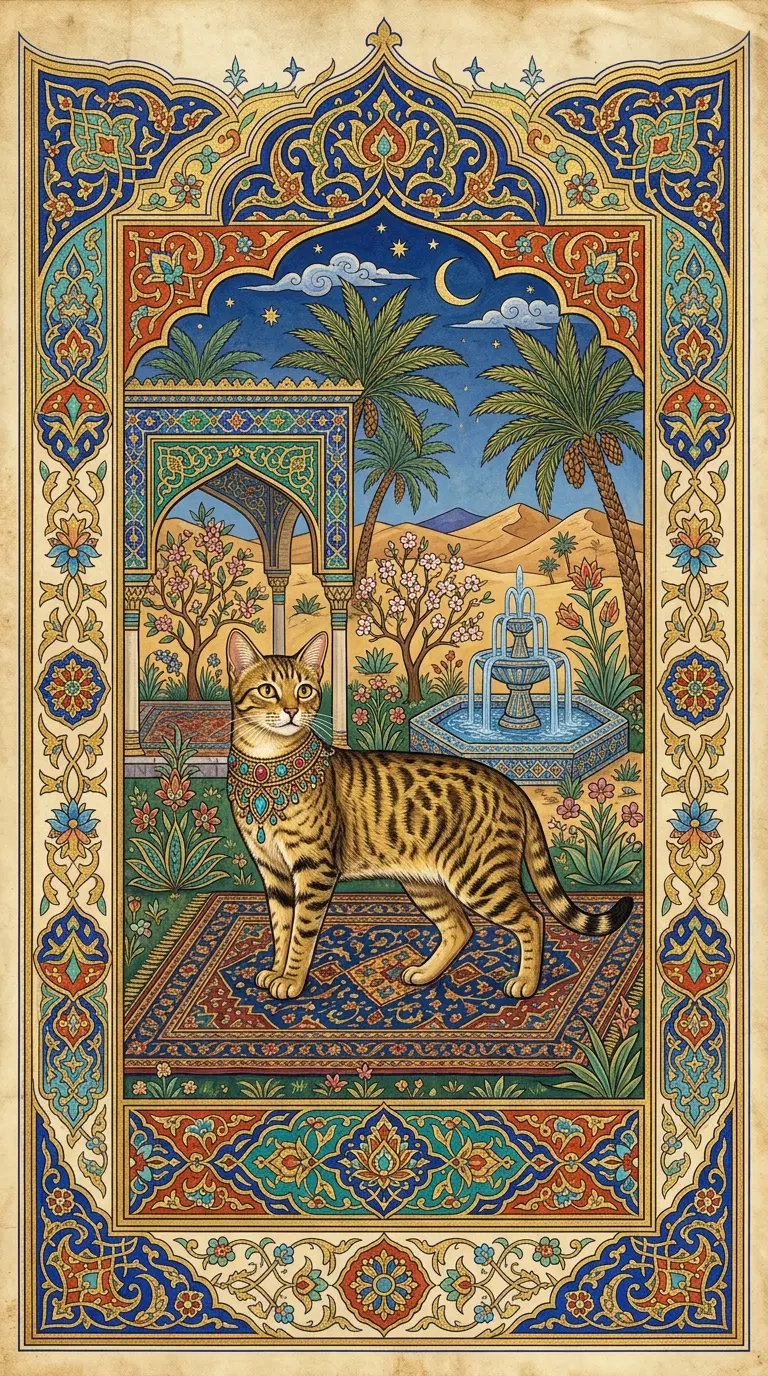 Illustration of a Regal Cat in an Ornate Persian Landscape