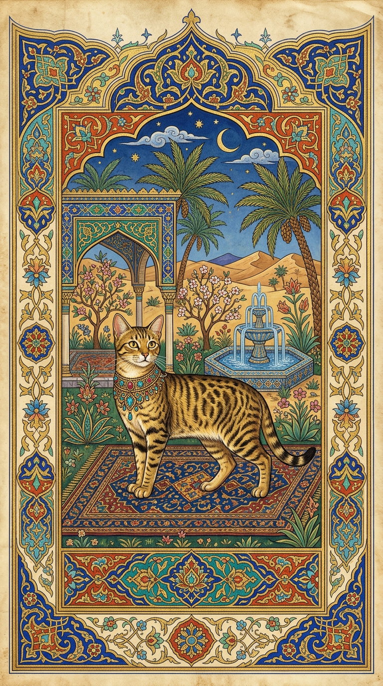 A beautifully detailed depiction of a cat standing on a patterned rug, surrounded by lush trees and architectural elements typical of Persian art, with vibrant colors and intricate designs.