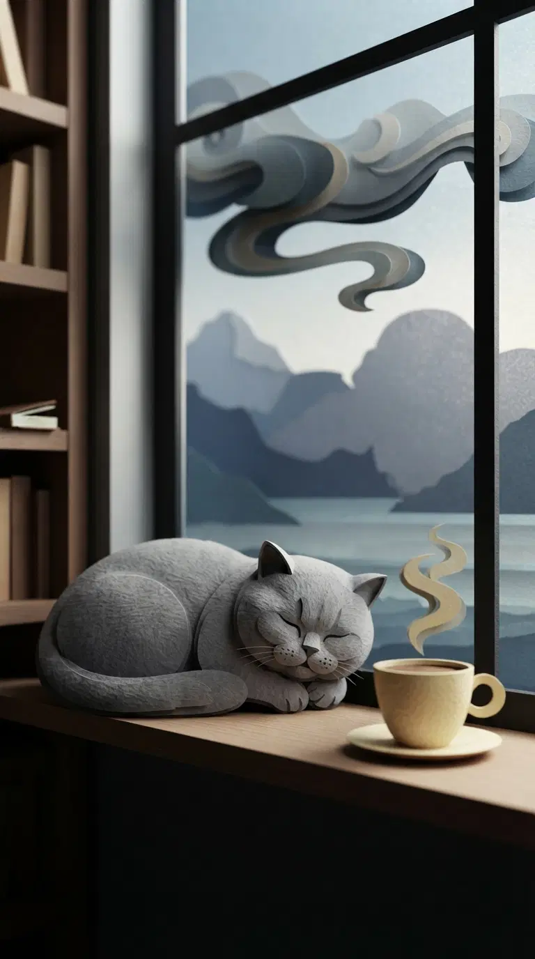 Cozy Gray Cat Relaxing by a Window with a Cup of Tea