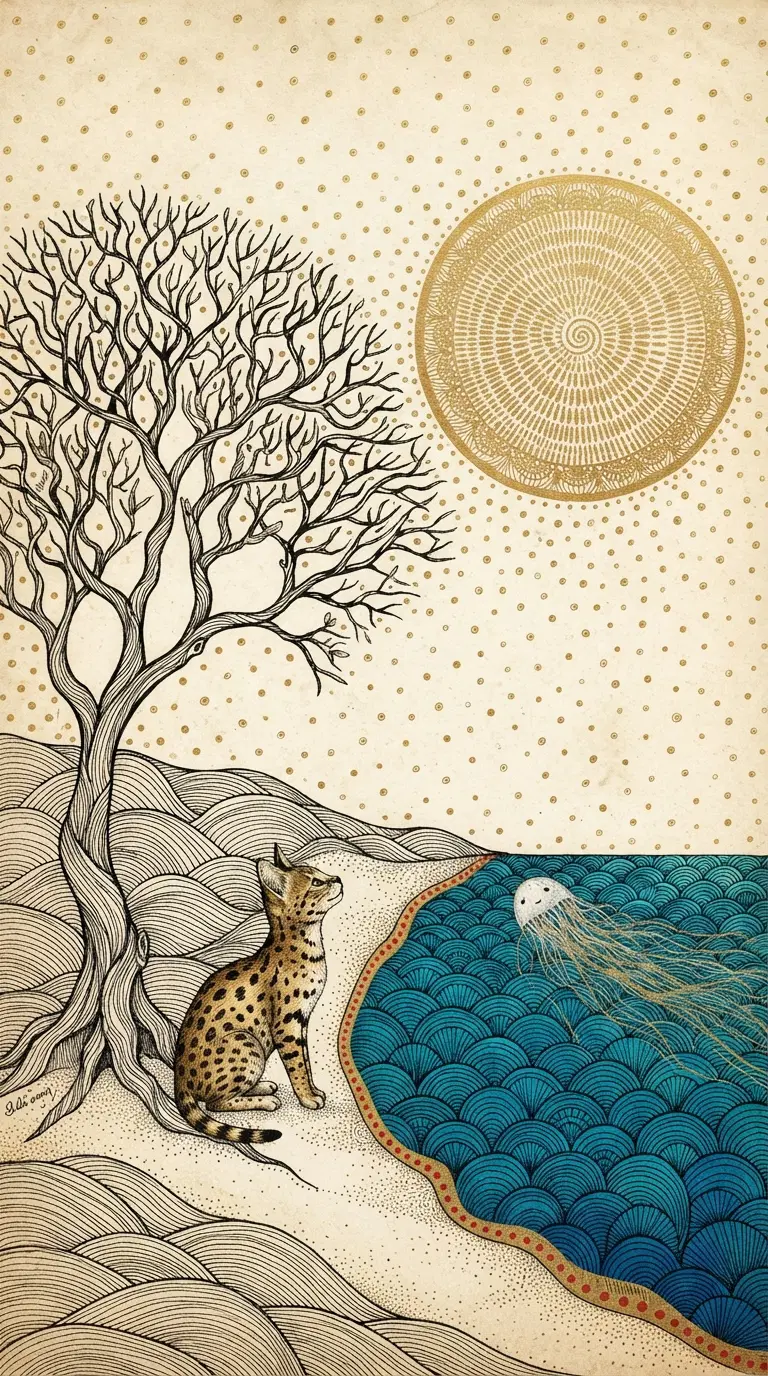 A surreal illustration of a cat by a stylized lake and tree
