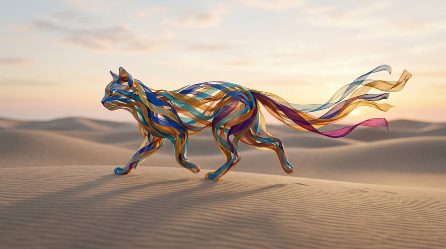 A surreal cat sculpture made of colorful ribbons, set against a desert backdrop with sand dunes and a sunset.