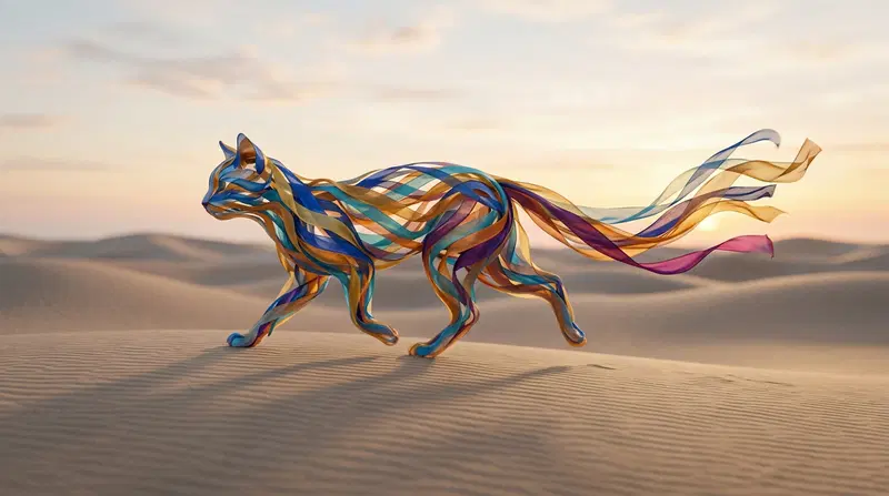 Whimsical Cat Sculpture with Colorful Ribbons in Desert Landscape