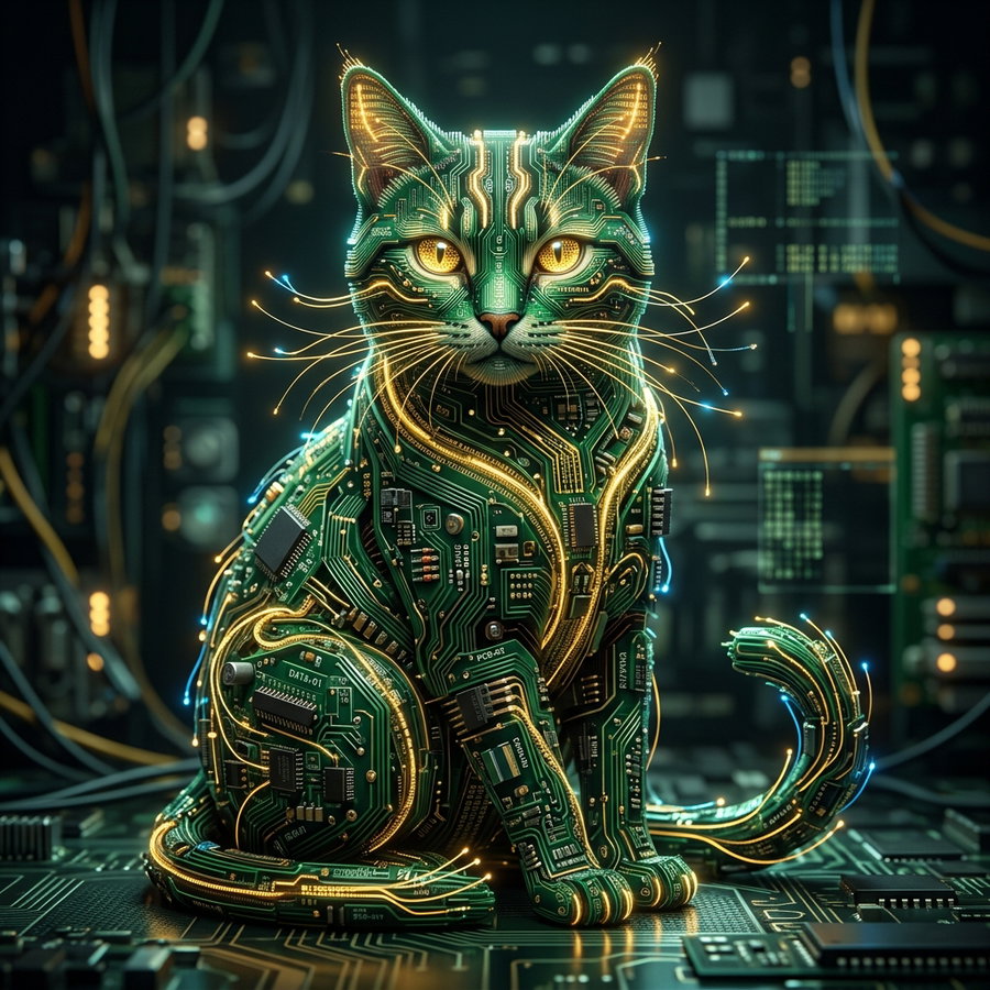A cat designed with electronic circuitry patterns and glowing accents, set against a backdrop of computer components and wires.