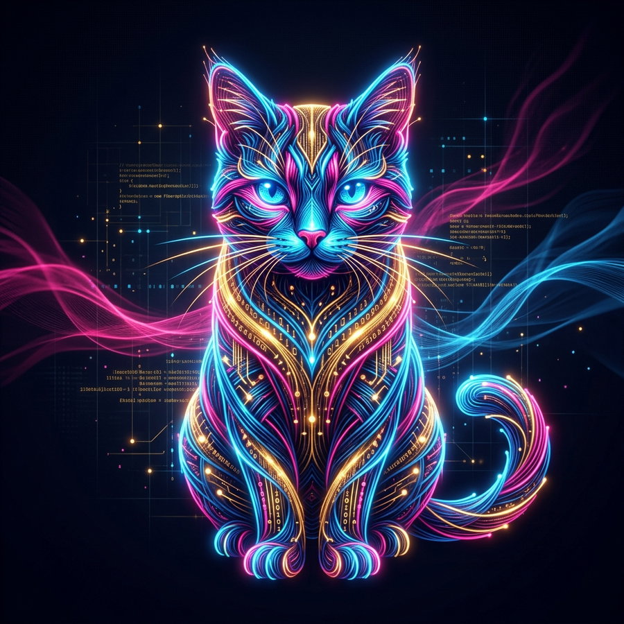 A striking neon cat illustration featuring detailed, abstract patterns in vibrant blue and pink, against a dark background.