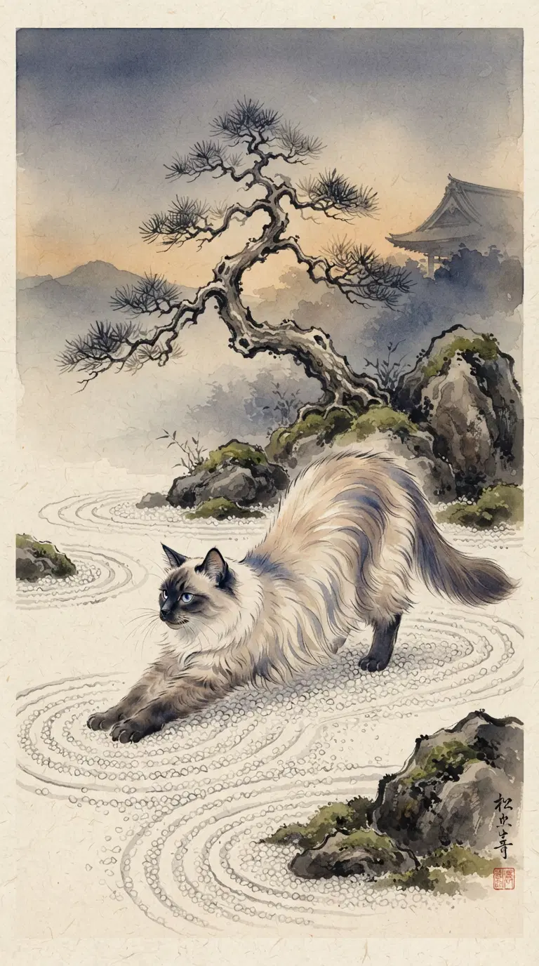Serene Artistic Depiction of a Cat in a Traditional Landscape