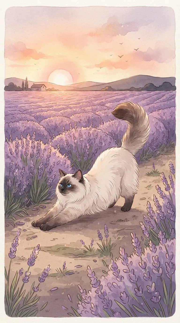 Siamese Cat Stretching in a Lavender Field at Sunset