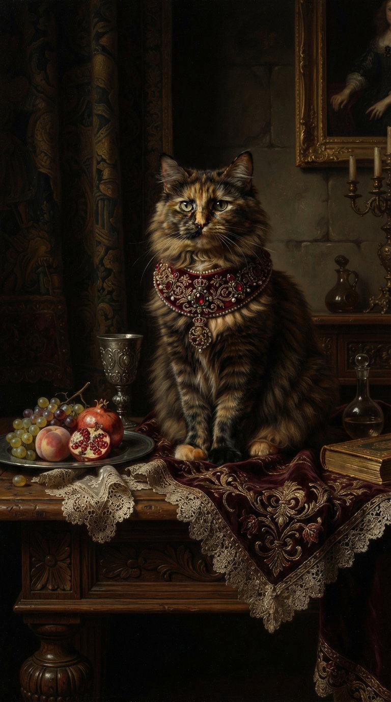 A regal-looking cat with a rich collar sitting on a decorative table with fruits and luxurious fabrics.