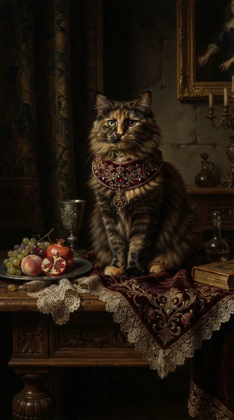 Elegant Vintage Cat Portrait with Rich Textiles and Fruits