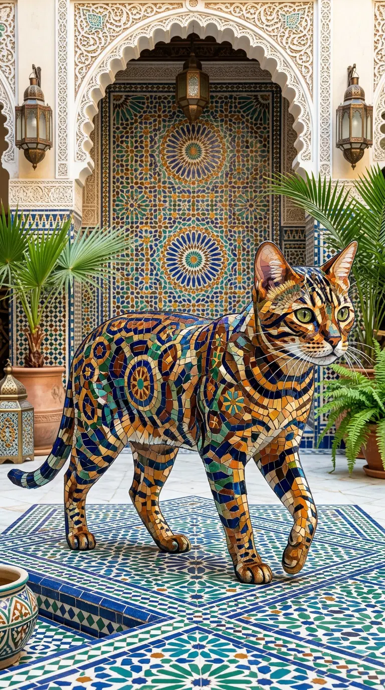 Intricate Mosaic Cat Sculpture in a Vibrant Moroccan Setting
