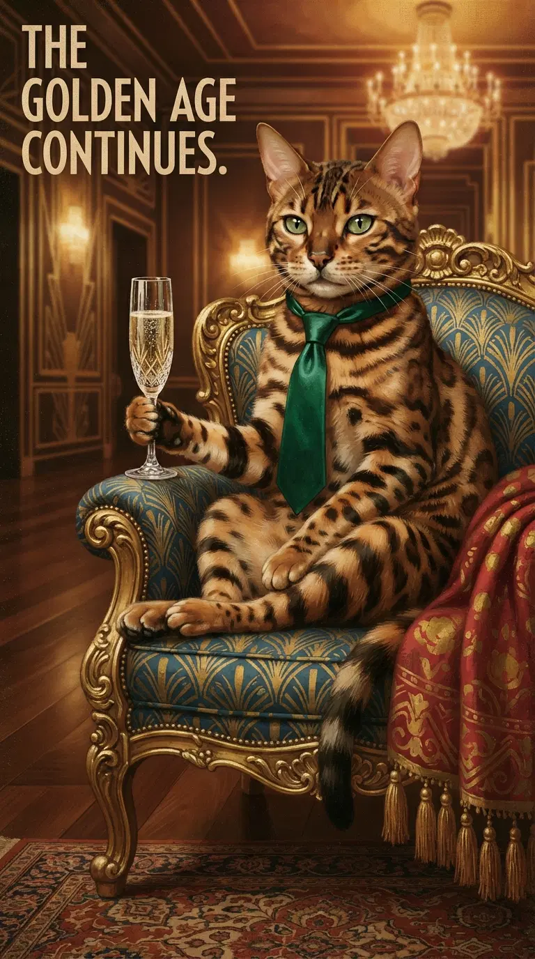 Elegant Bengal Cat in a Formal Setting with Champagne