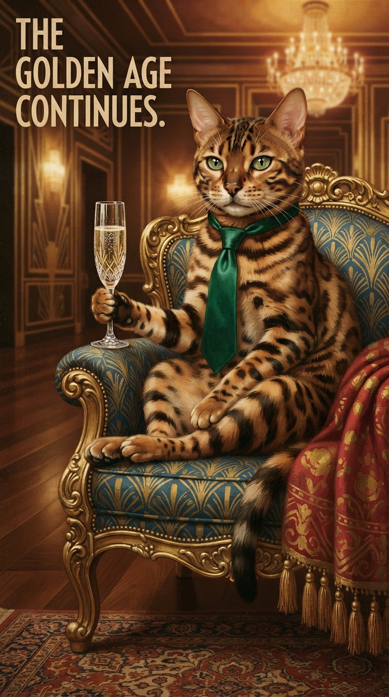 A Bengal cat wearing a tie sits on a luxurious couch, holding a glass of champagne in a lavish room.