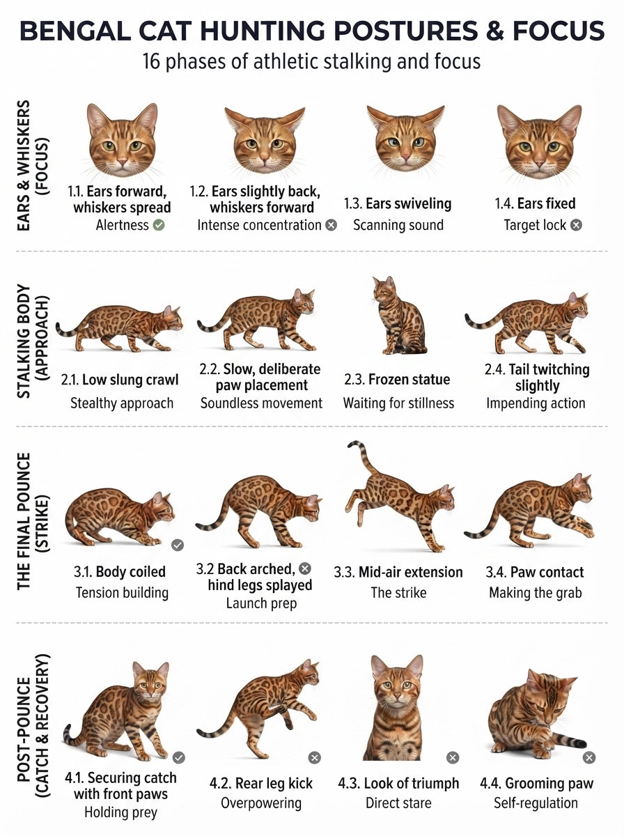 An infographic detailing the 16 phases of athletic stalking and focus in Bengal cats, including various postures and actions like ear positions and body movements.