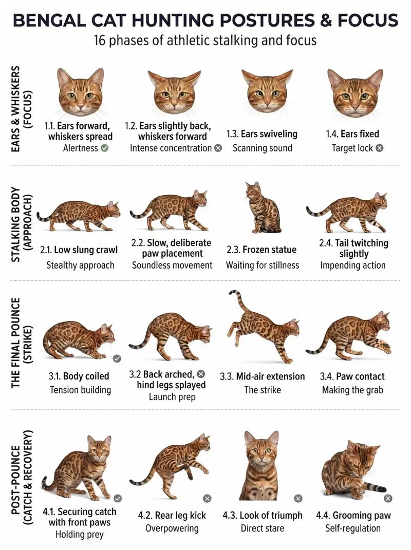 16 Phases of Athletic Stalking and Focus in Bengal Cats