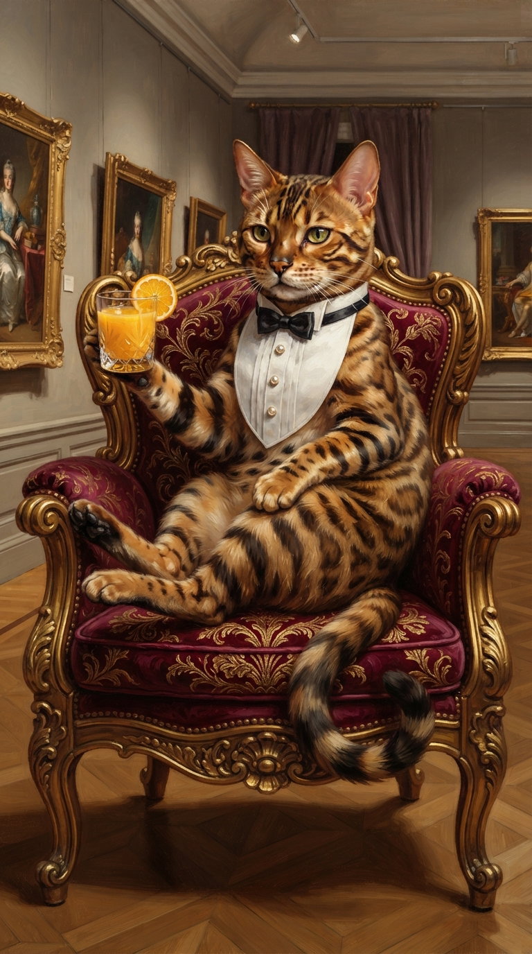 A regal Bengal cat, dressed in a tuxedo, sits elegantly in a plush chair holding a drink with orange slices, surrounded by art paintings in a gallery.