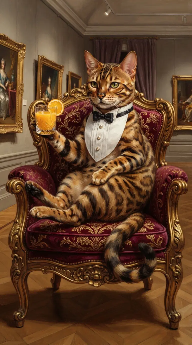 Sophisticated Bengal Cat Enjoying a Drink in an Art Gallery