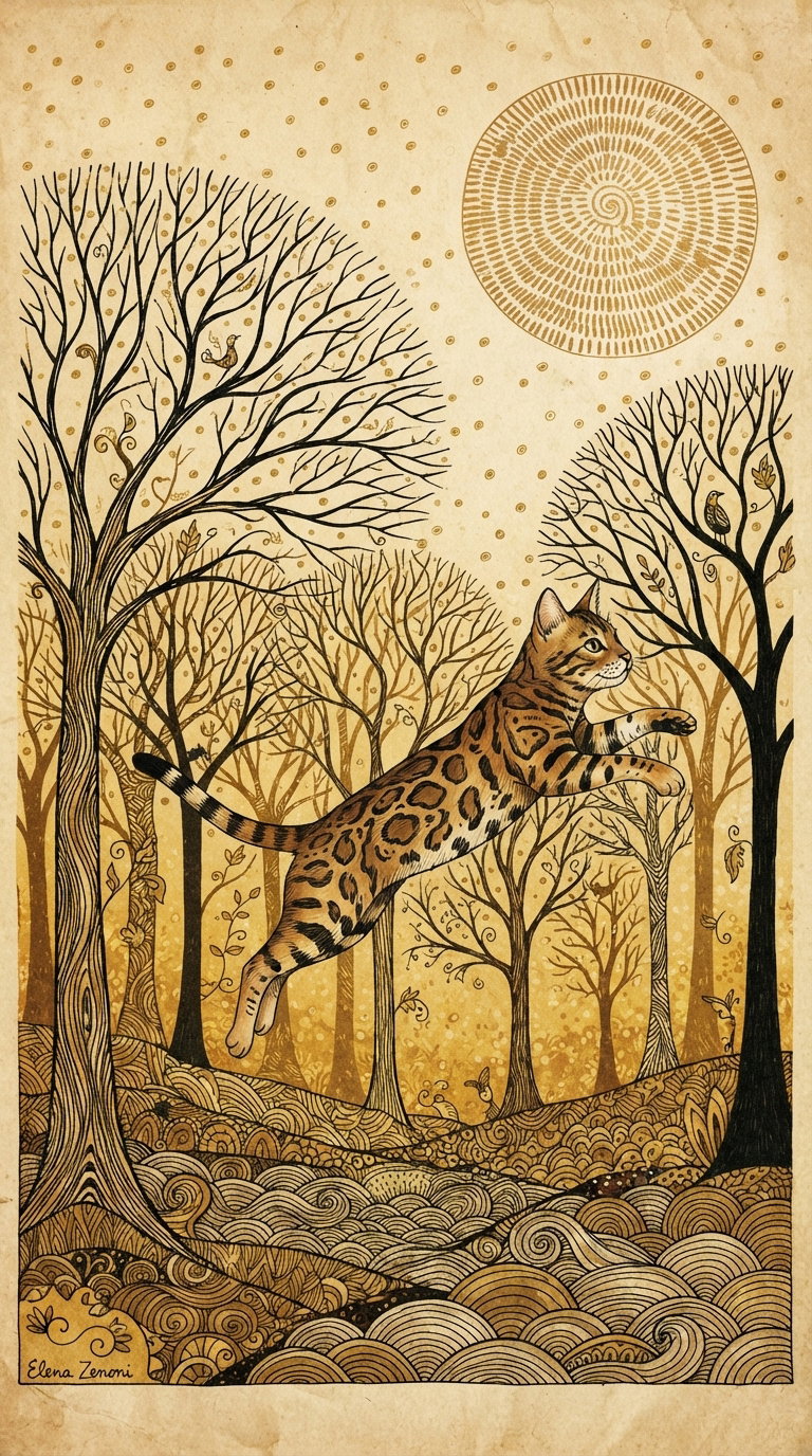 A beautifully illustrated scene featuring a leaping cat among stylized trees and intricate patterns, with a golden color palette.