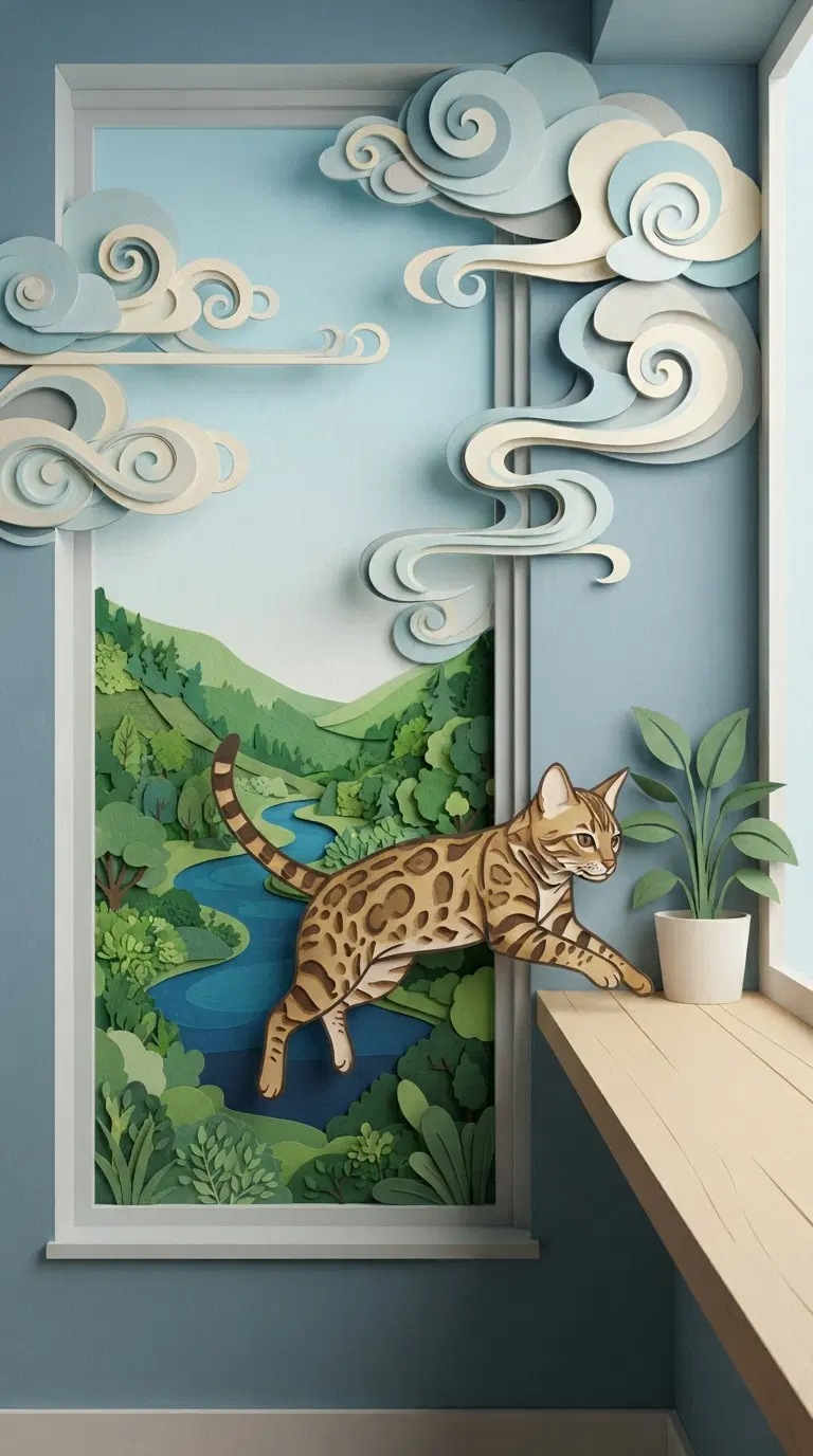 3D Paper Art of a Bengal Cat in a Scenic Landscape