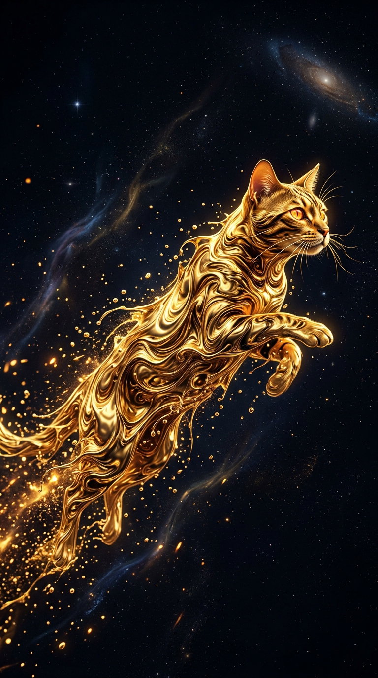 A golden cat with flowing, liquid-like body jumping through a starry cosmos