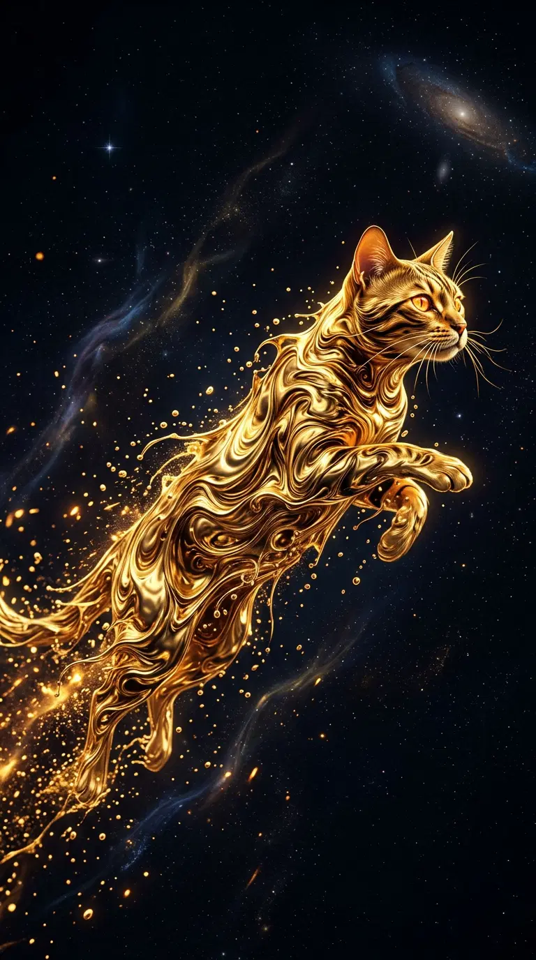 Surrealistic Golden Cat in Cosmic Background