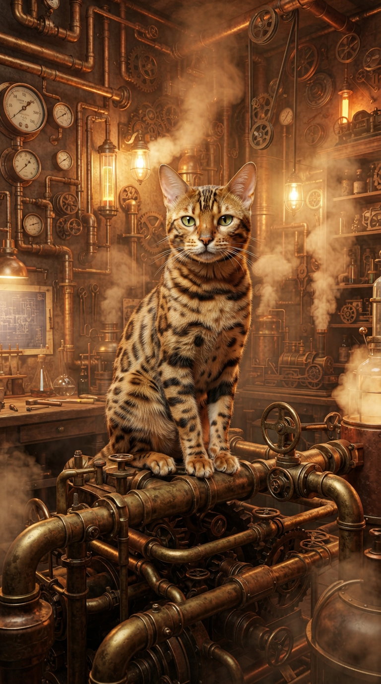 A Bengal cat with a spotted coat perched on a metallic structure surrounded by steampunk machinery, gears, and glowing lights in a workshop setting.