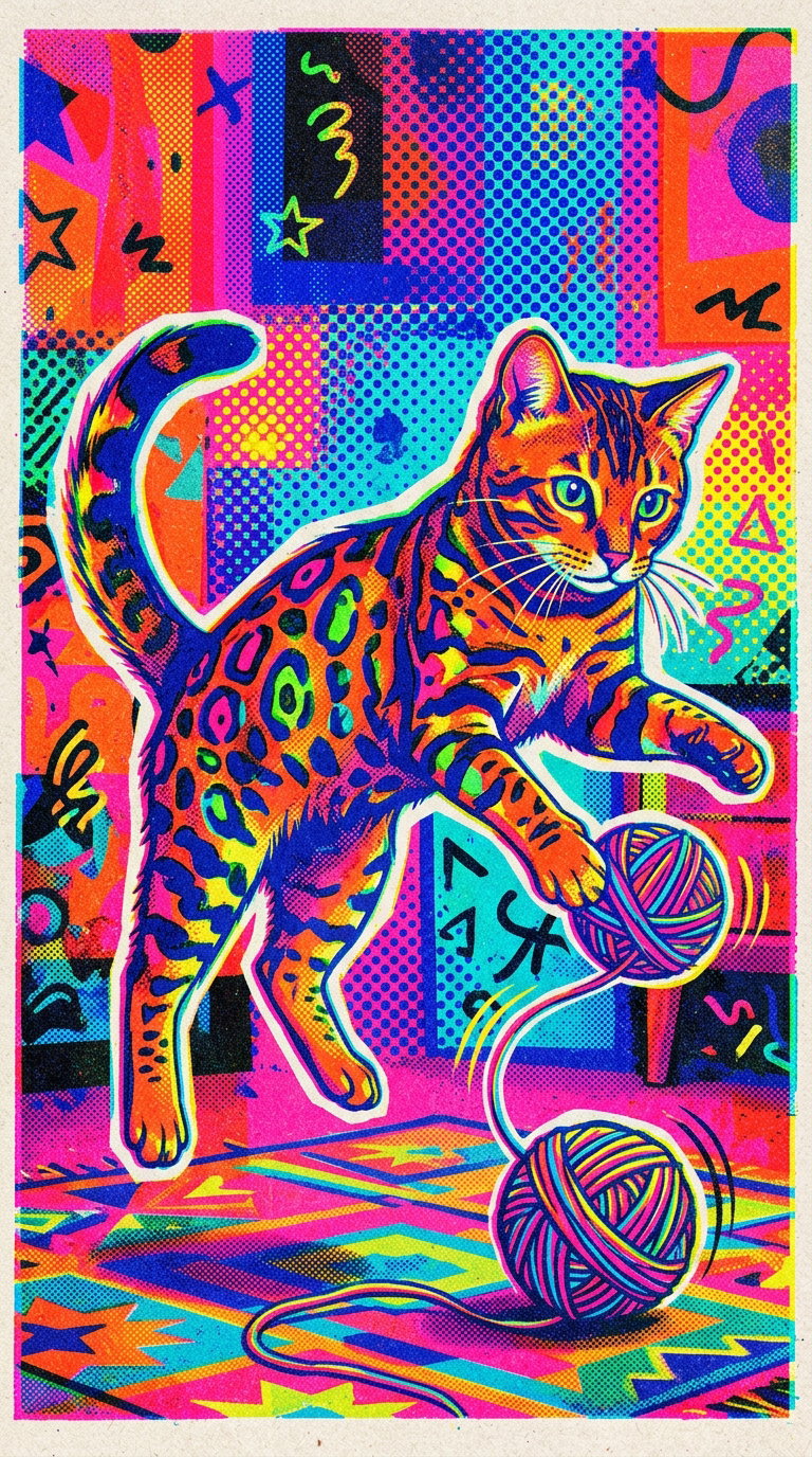 A colorful and vibrant illustration of a cat playing with yarn, surrounded by abstract shapes and patterns.