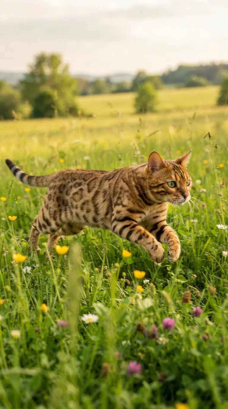 Bengal Cat in Motion Amidst a Natural Meadow Setting