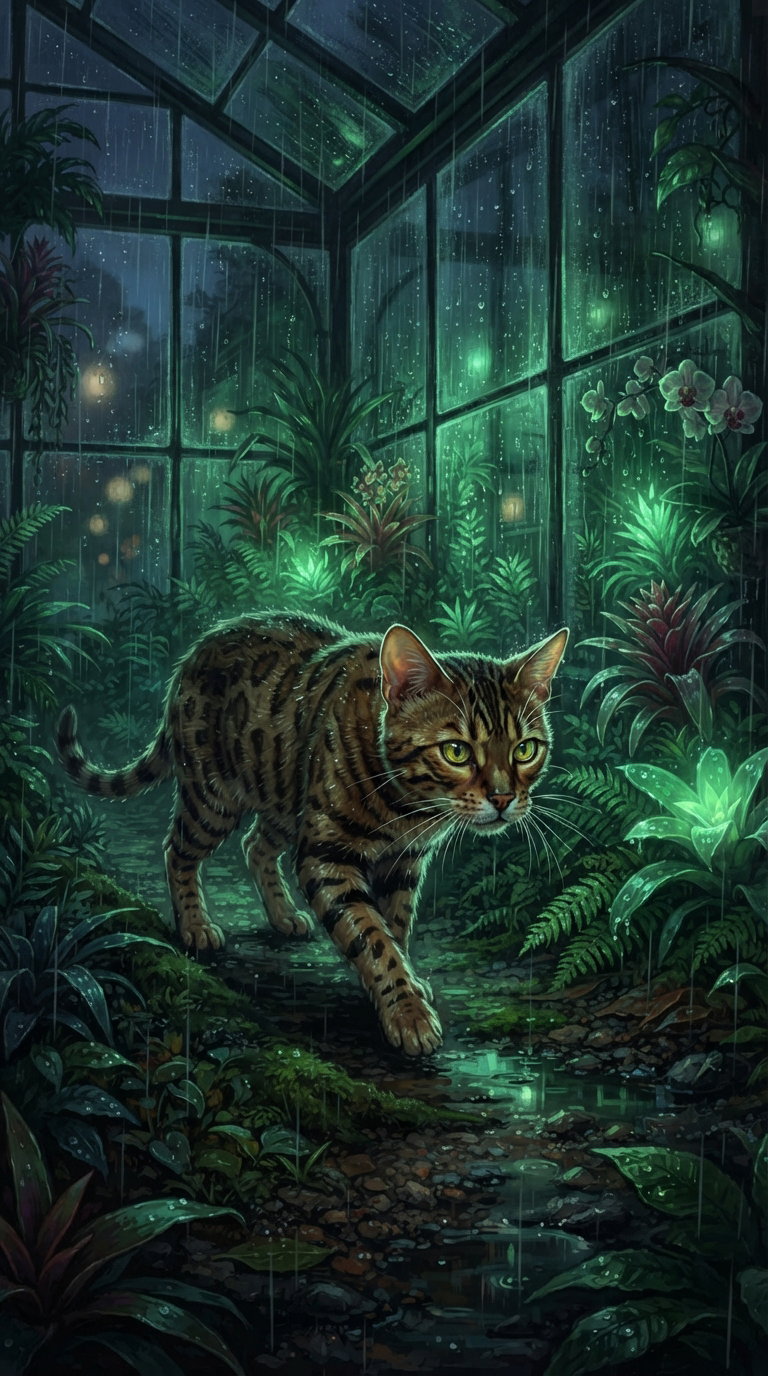A Bengal cat walking through a lush greenhouse during rain, surrounded by vibrant green plants and glowing flowers.