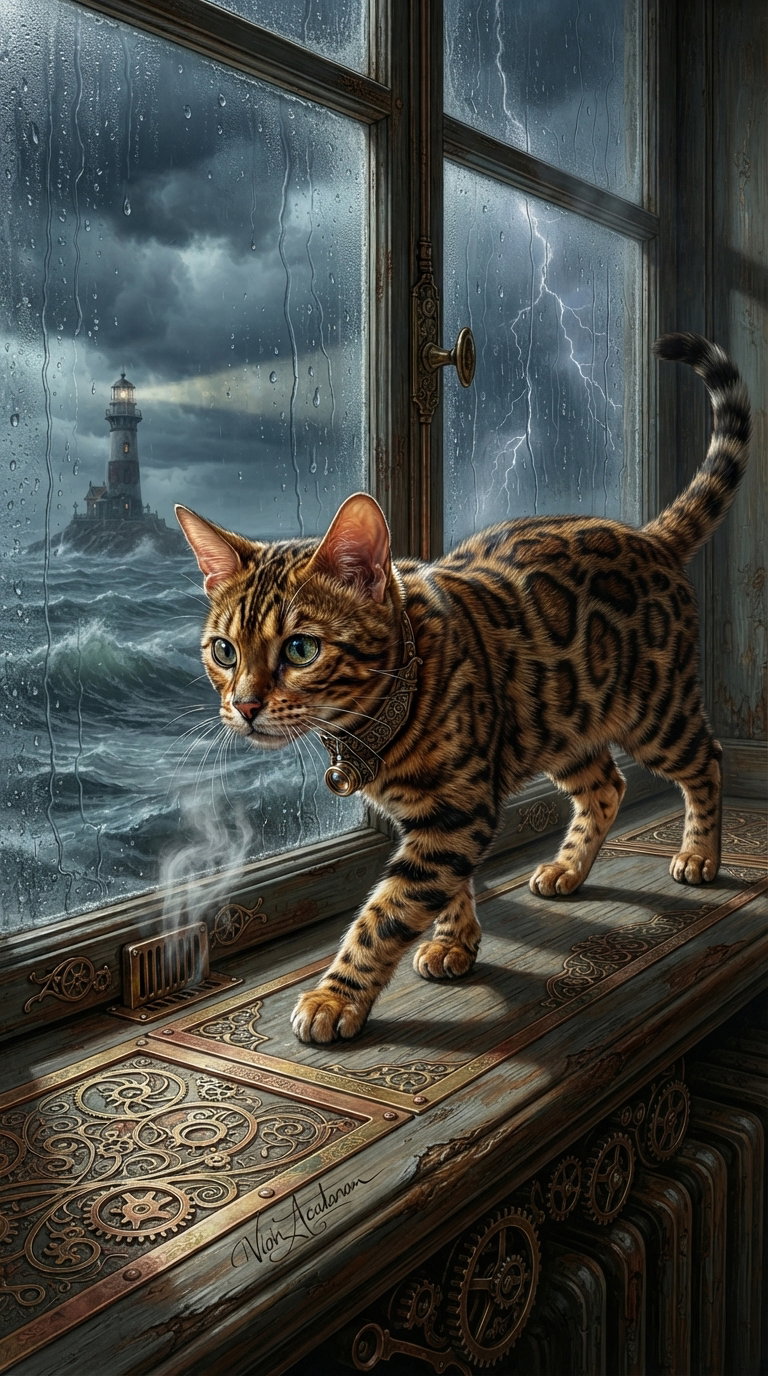 A Bengal cat with distinctive spotted fur walks along a windowsill, gazing outside at a stormy sea landscape with a lighthouse in the distance. Raindrops are visible on the glass.
