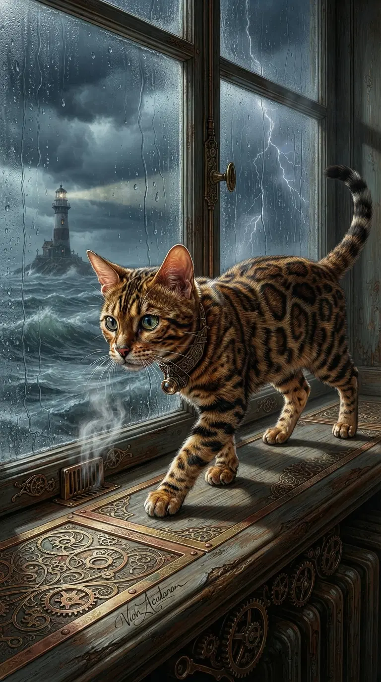 Bengal Cat Walking Near a Stormy Window