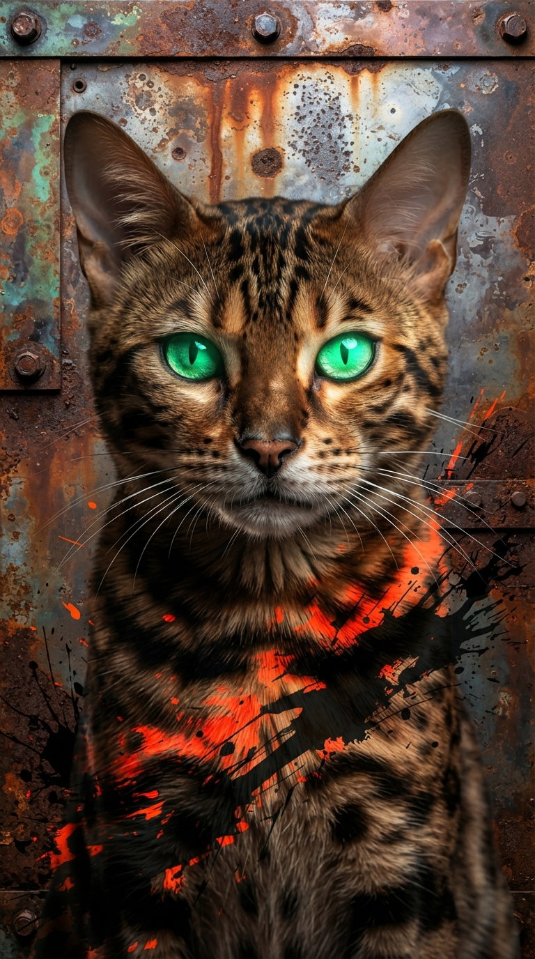 A close-up portrait of a Bengal cat with unique markings and bright green eyes, set against a textured metal background with rusty and splattered paint elements.