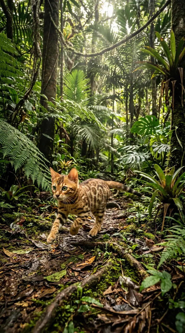 Bengal Cat in Lush Tropical Jungle Environment
