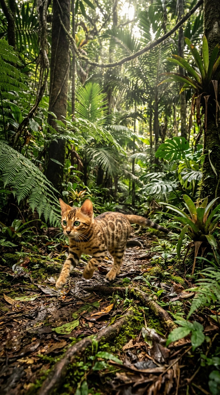 A Bengal cat running through a dense tropical forest with lush greenery and ferns.