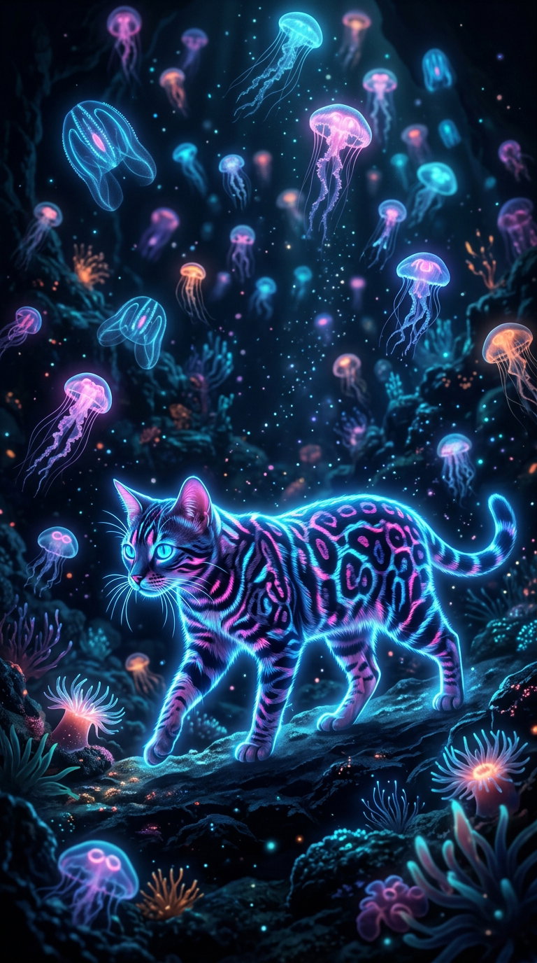 A brightly colored cat with glowing patterns walking through an underwater scene filled with luminous jellyfish and coral.