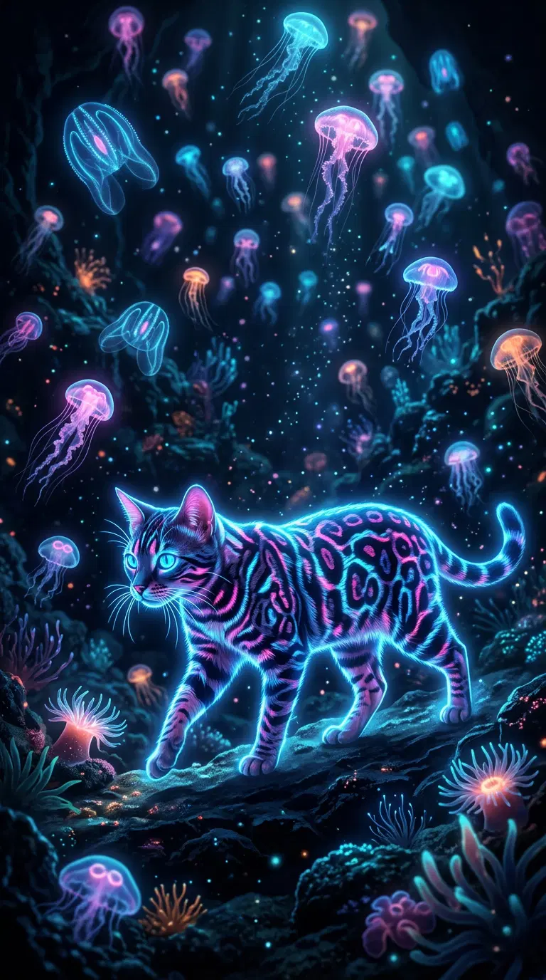 Surreal cat amid glowing jellyfish in a vibrant underwater scene