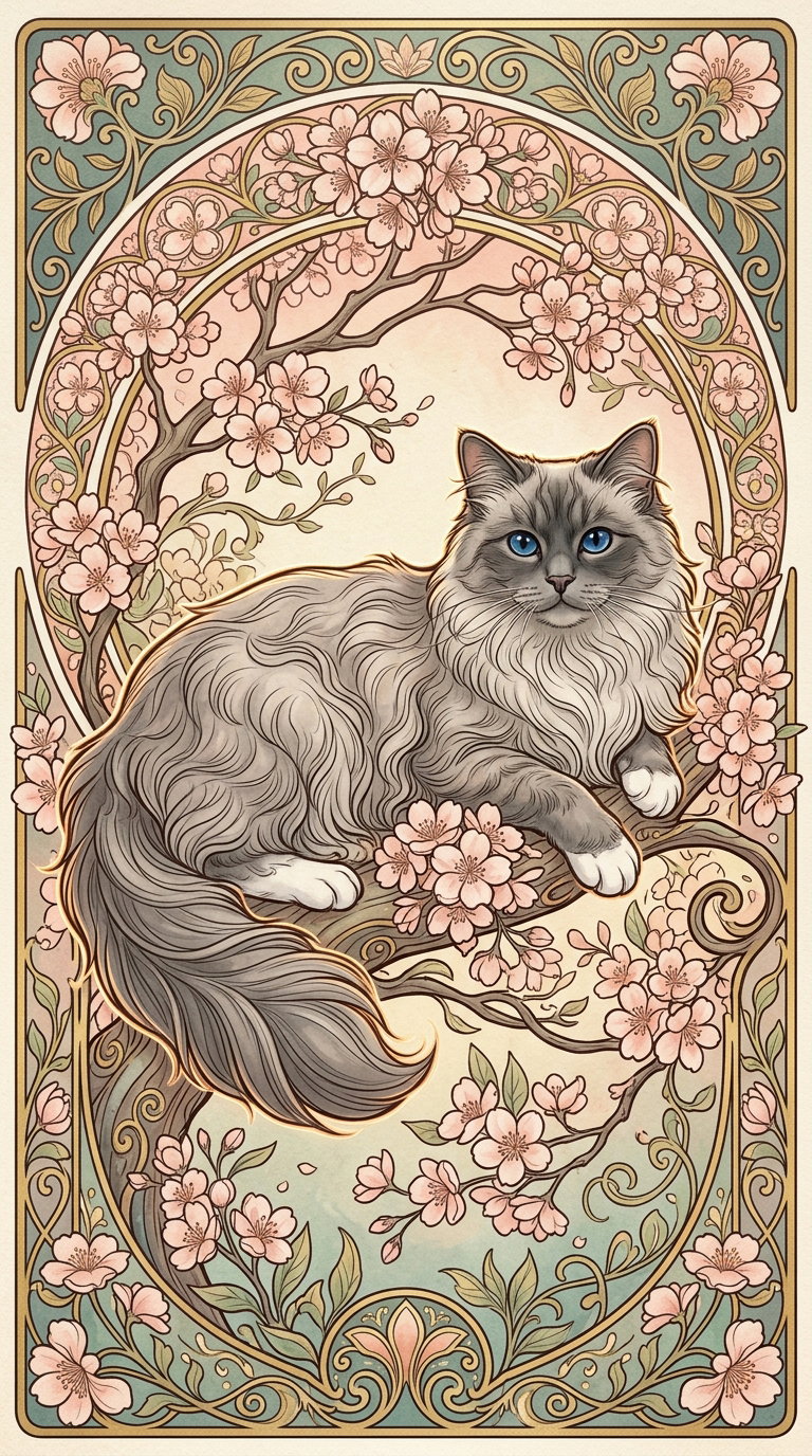 A graceful Siamese cat with blue eyes lounges on a branch surrounded by pink cherry blossoms, featuring an intricate decorative frame.