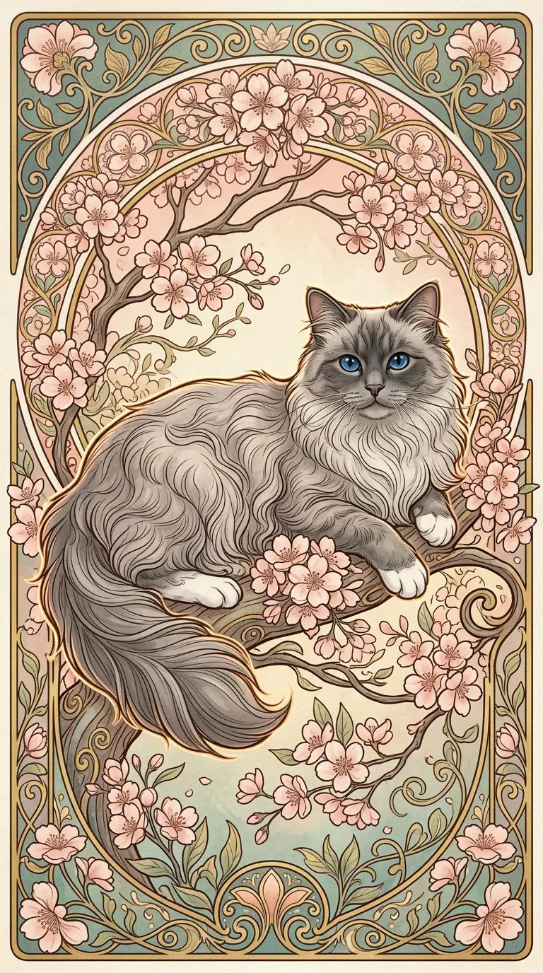 Elegant Siamese Cat Amidst Blooming Cherry Blossoms