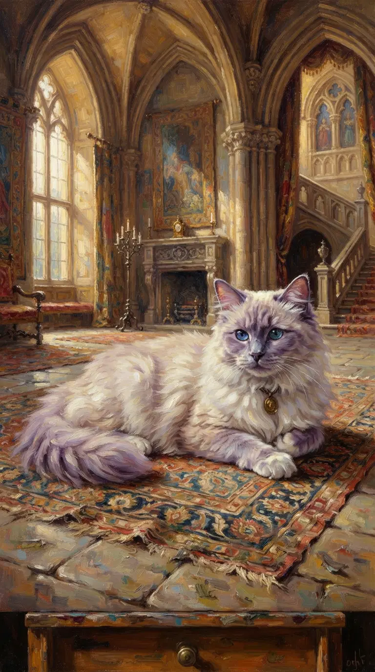 Elegantly Dressed Persian Cat in Luxurious Castle Setting