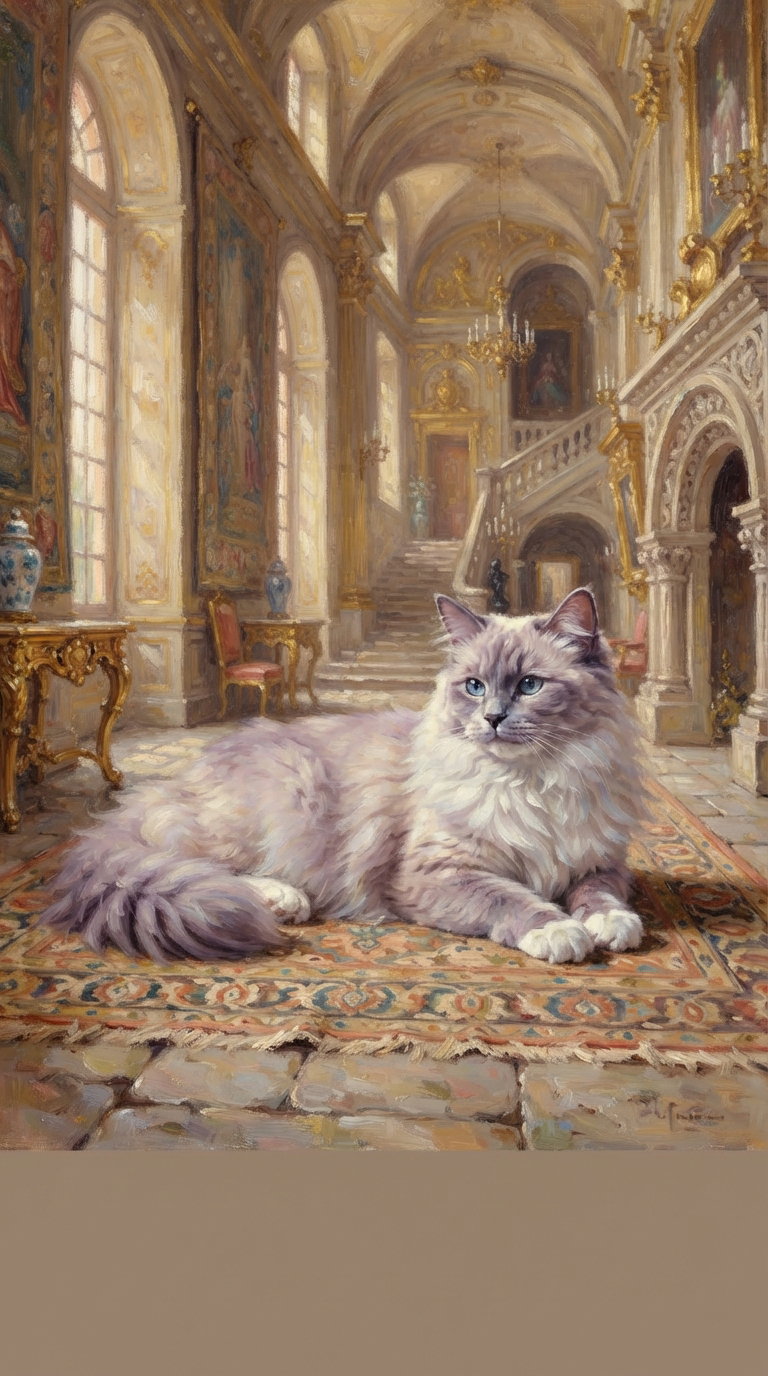 A fluffy light-colored cat lies on an ornate rug in a grand, opulent room with high ceilings, large windows, and intricate decor.