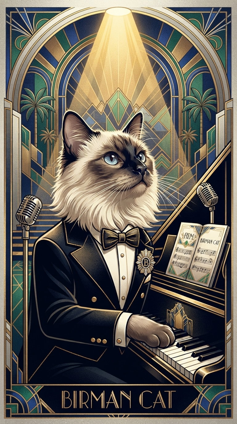 A Birman cat dressed in a tuxedo playing a piano, set in an art deco style background with geometric patterns and palm trees.
