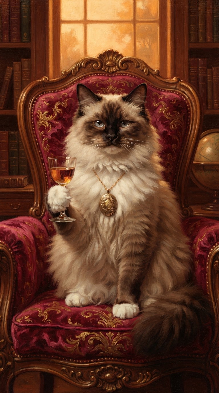 A fluffy Persian cat sitting elegantly on a velvet armchair, holding a glass of drink in its paw, with a warm lit room and bookshelves in the background.