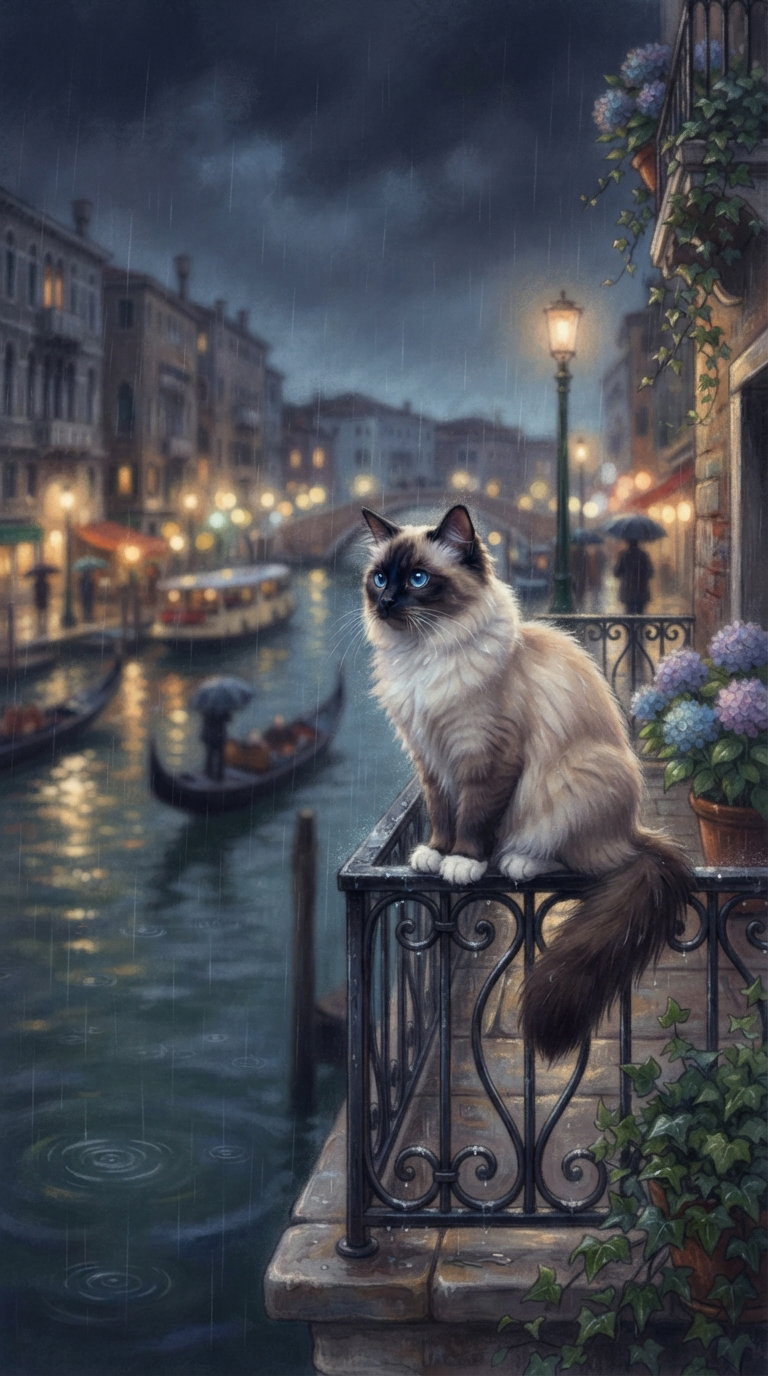 A Siamese cat sits on a balcony railing, gazing out at a rainy canal scene, illuminated by street lamps with nearby boats and historic buildings.