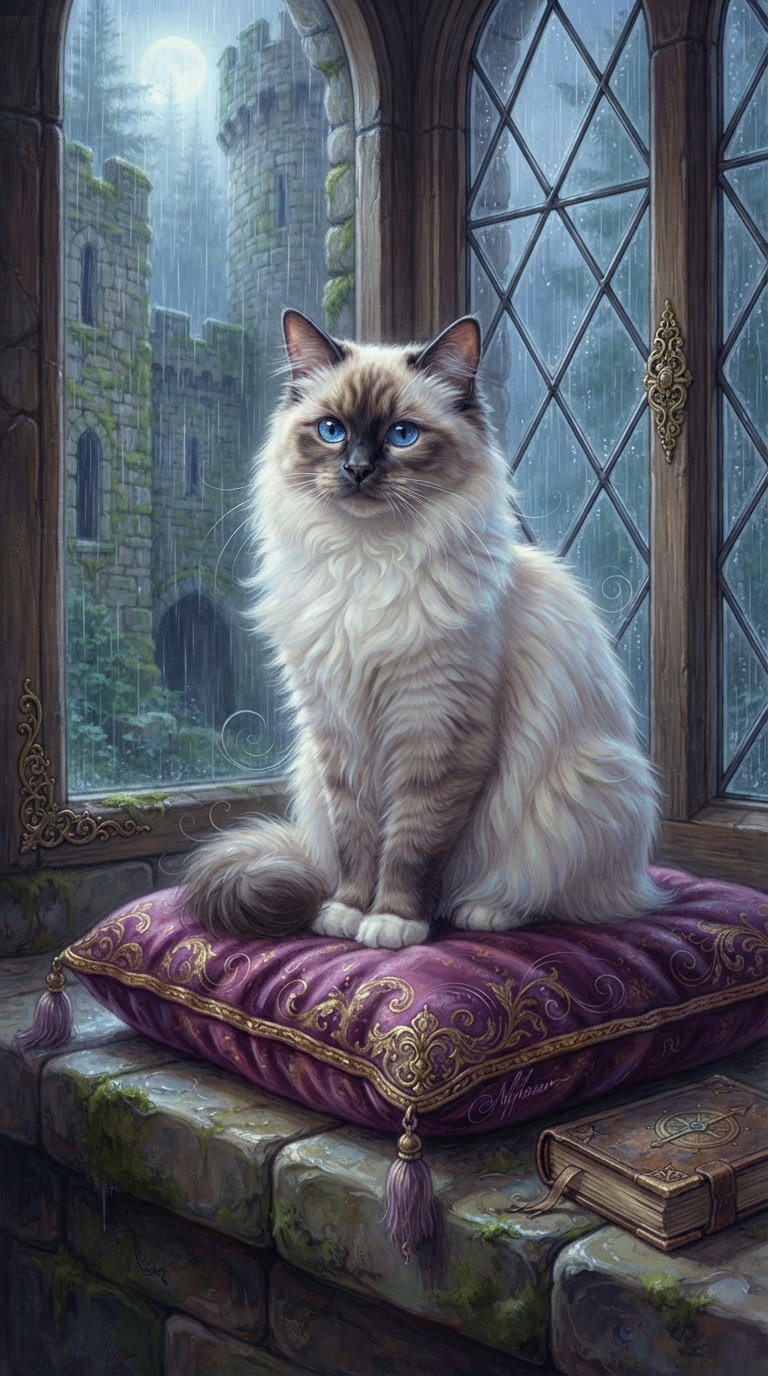 A fluffy Siamese cat with blue eyes sits on a purple cushion by a castle window, with rain falling outside and a full moon visible.